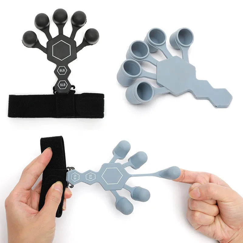 Grey and black silicone hand trainer brace for five-finger rehabilitation and strength training