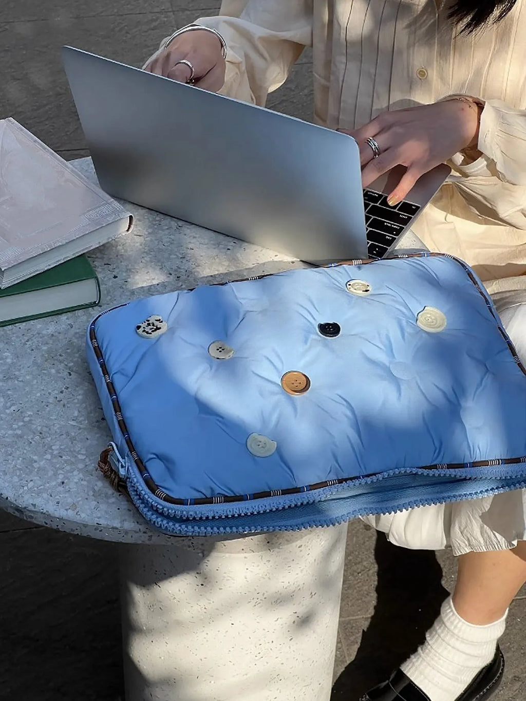 Plaid pattern nylon laptop protective case showing blue colour variant for 13.3-14 inch computers