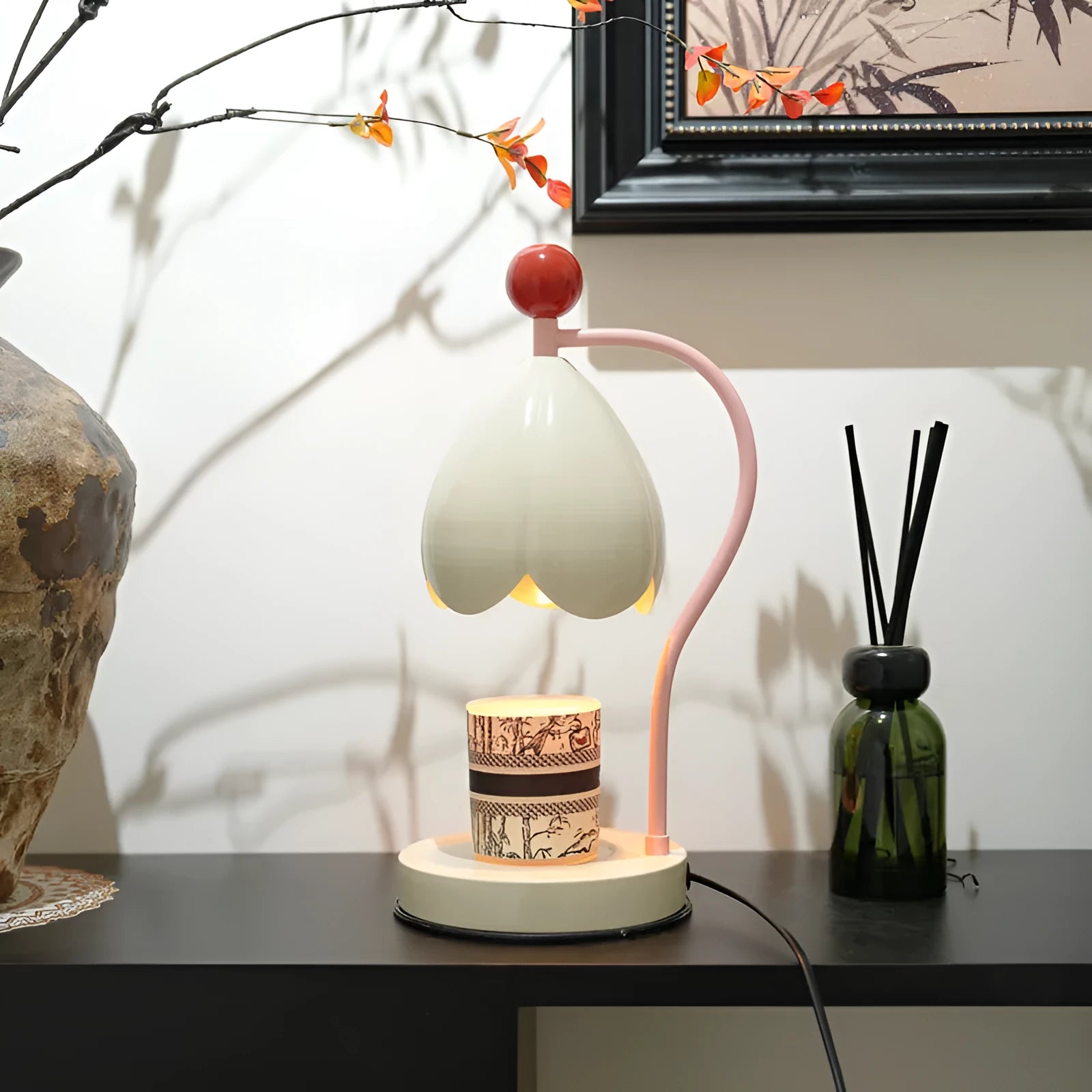 Linglan modern style melting wax lamp with ceramic dish on metal stand in cream white colour