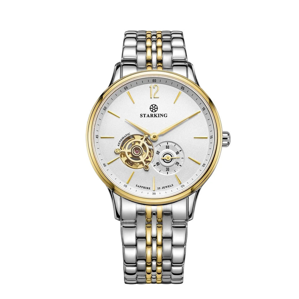 Men's automatic mechanical business watch with brown leather strap and stainless steel case on white dial.