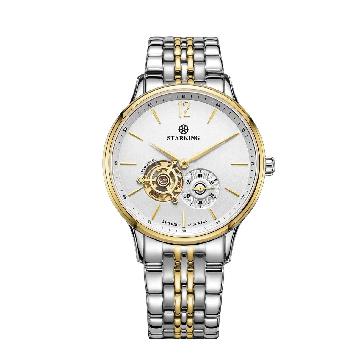 Men's automatic mechanical business watch with brown leather strap and stainless steel case on white dial.