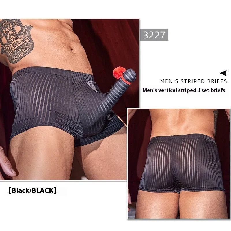 Men's black striped nylon boxer briefs laid flat, showing the elastic waistband and leg openings.