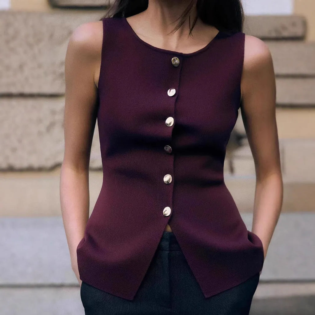 Dark red slim fit viscose sweater vest with gold buttons and 3D pattern