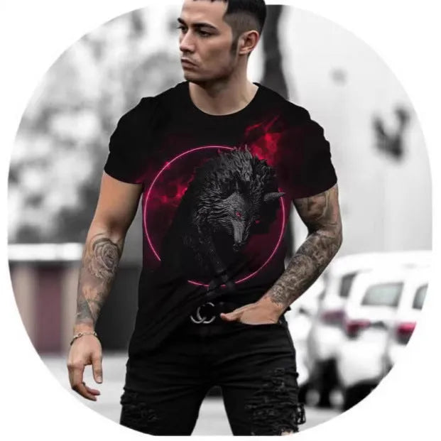 Men's grey t-shirt with a retro-style 3D lion graphic print on the front.