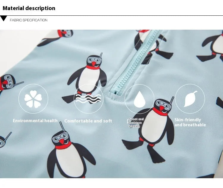 Boys' penguin print long sleeve swimsuit set with matching swimming cap for sun protection