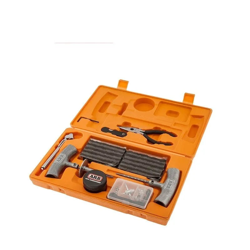 Speedy Seal emergency tyre repair tool set with gauge, insertion tool, and reamer in a yellow case