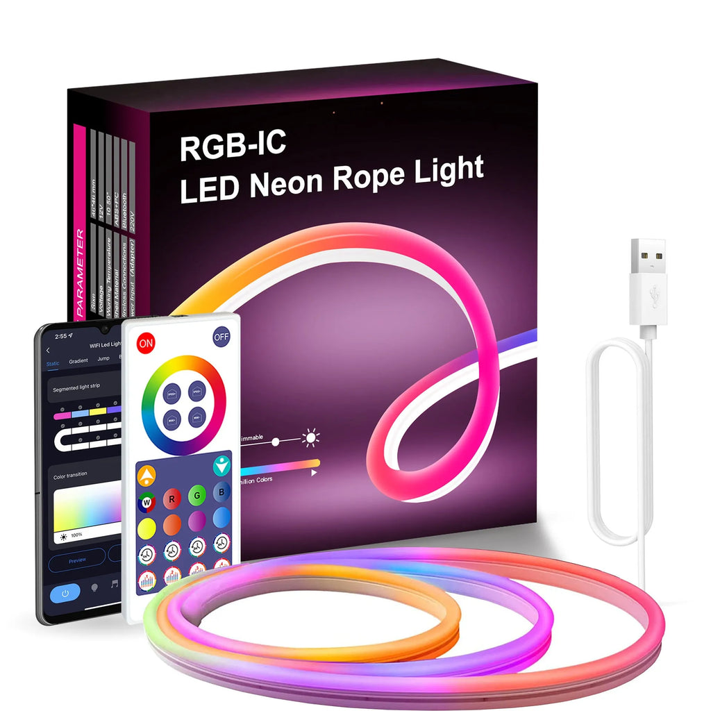 3-metre long RGB magic colour LED neon strip light with remote control on a dark background.