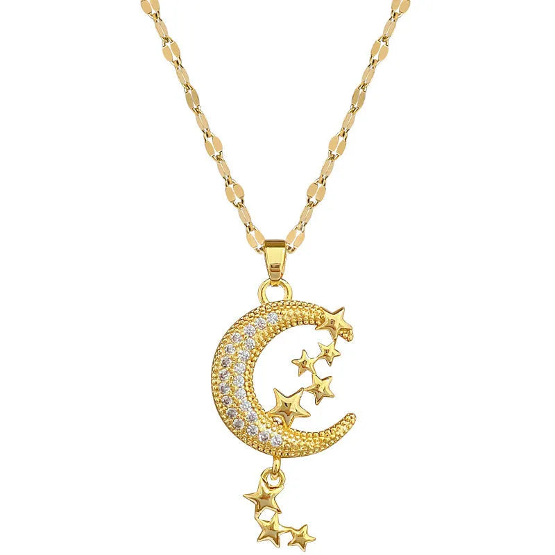 Geometric moon tassel necklace with diamond detail on a stainless steel chain.