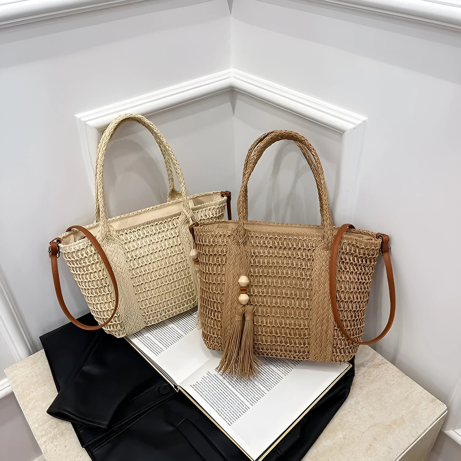 Women's straw crossbody shoulder bag with woven texture in milky white colour showing large capacity interior