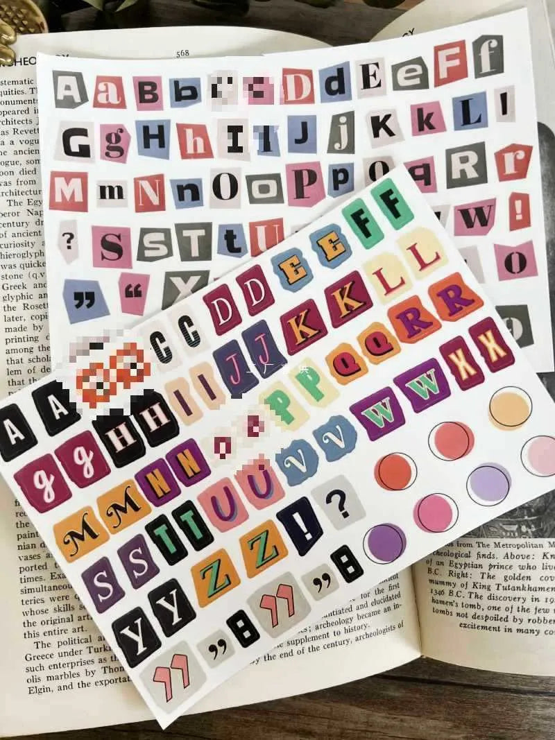 English letters and numbers symbol label sticker sheets showing alphabet sets and week words for decoration