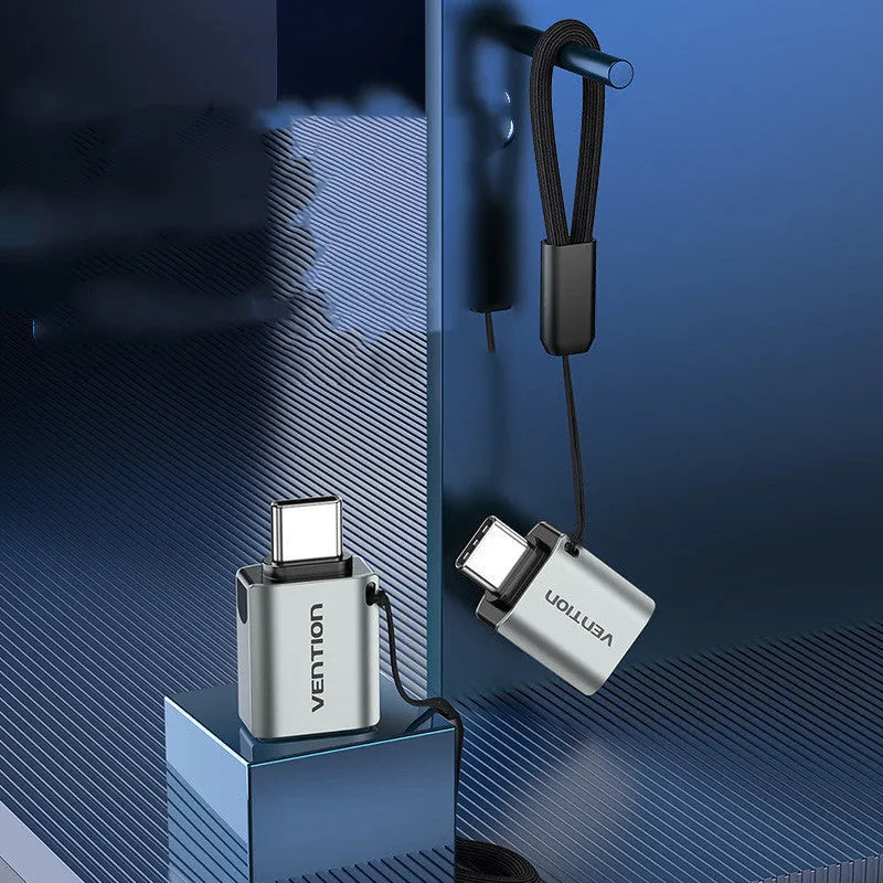 Grey aluminium USB 3.0 Type-C male to USB-A female OTG adapter with lanyard