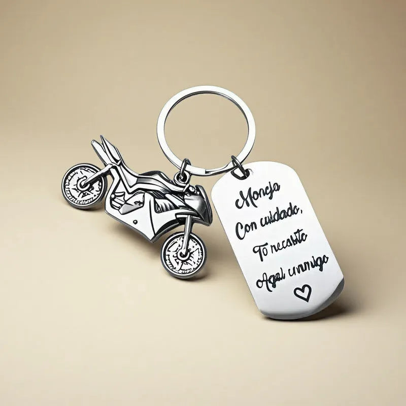 Stainless steel motorcycle keychain with modern design and included flannel gift bag.
