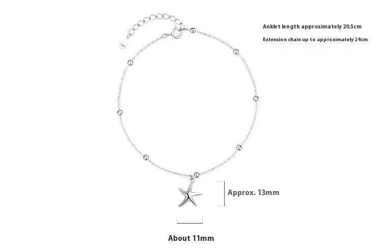 S925 sterling silver anklet with a starfish charm and round beads.