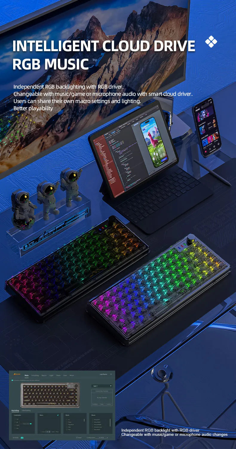 Attack Shark K75 wireless mechanical keyboard with transparent black case showing internal components and RGB lighting