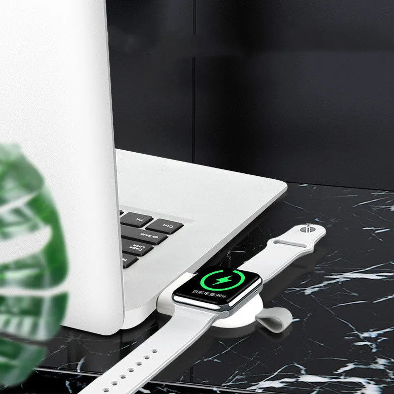 Portable white Apple Watch wireless charging dock with USB cable