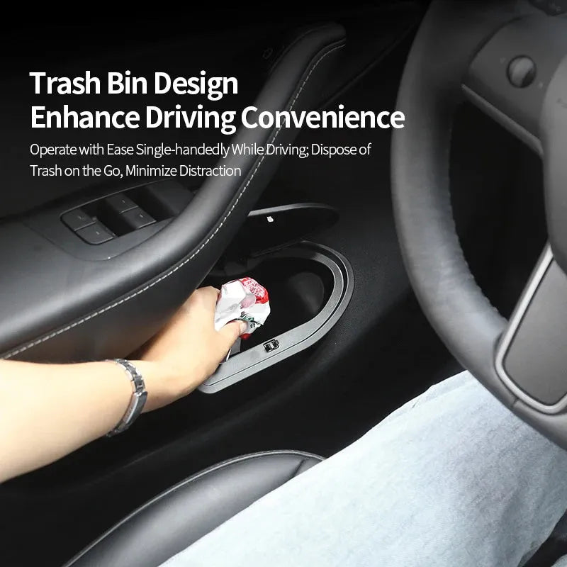 Two black ABS plastic car door trash cans for Tesla Model Y.