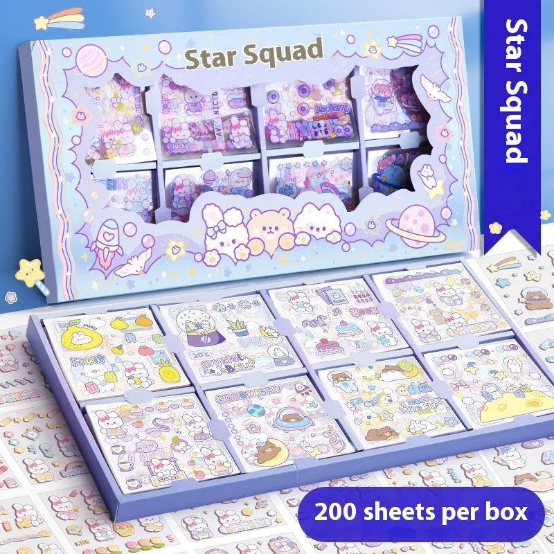 Box of children's themed stickers for notebook decoration with five colourful design options