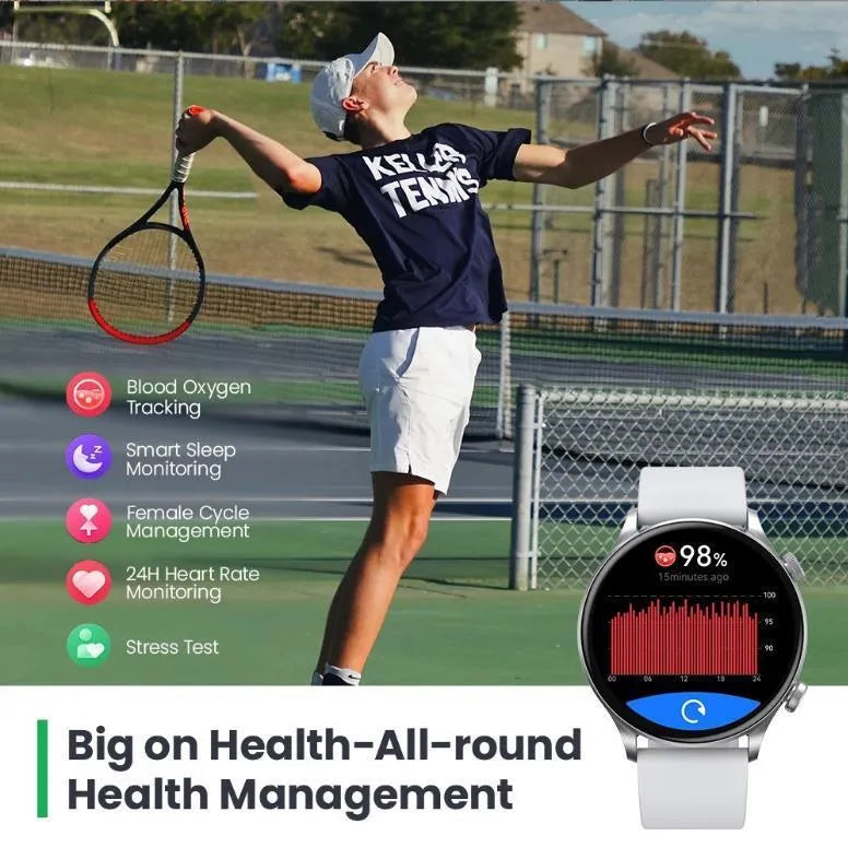 Black Bluetooth smartwatch with circular AMOLED display on a wrist