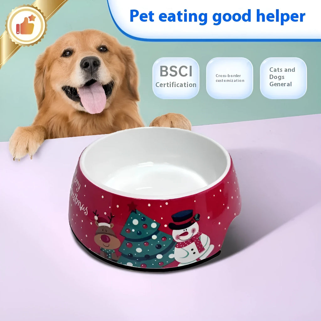 Red Christmas pet bowl with stainless steel inner layer and melamine outer shell in three size options