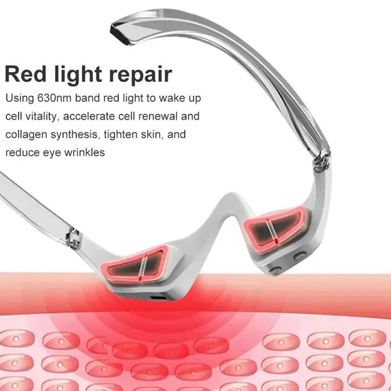 Pink and white 3D micro-current eye massager shaped like glasses on a grey background.