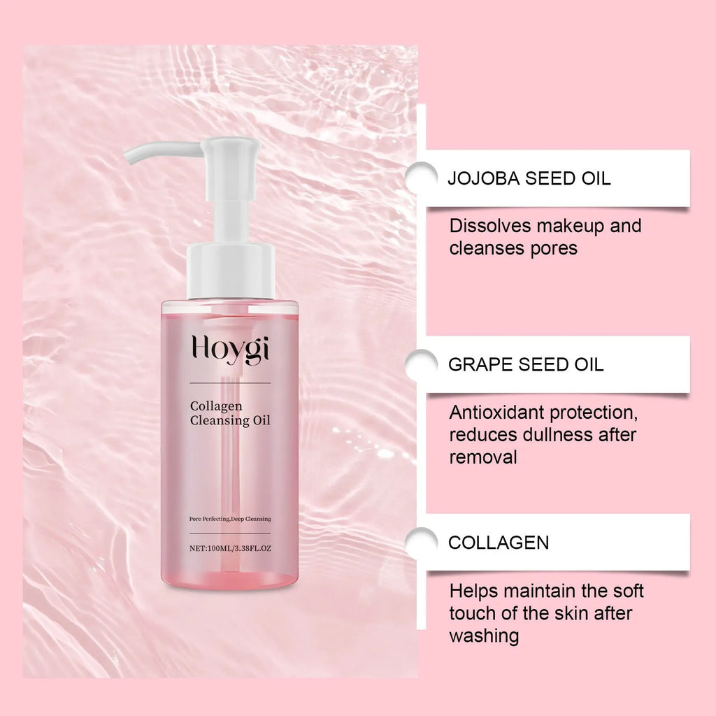 Collagen cleansing oil bottle with jojoba and grape seed oils, 100ml capacity for daily makeup removal