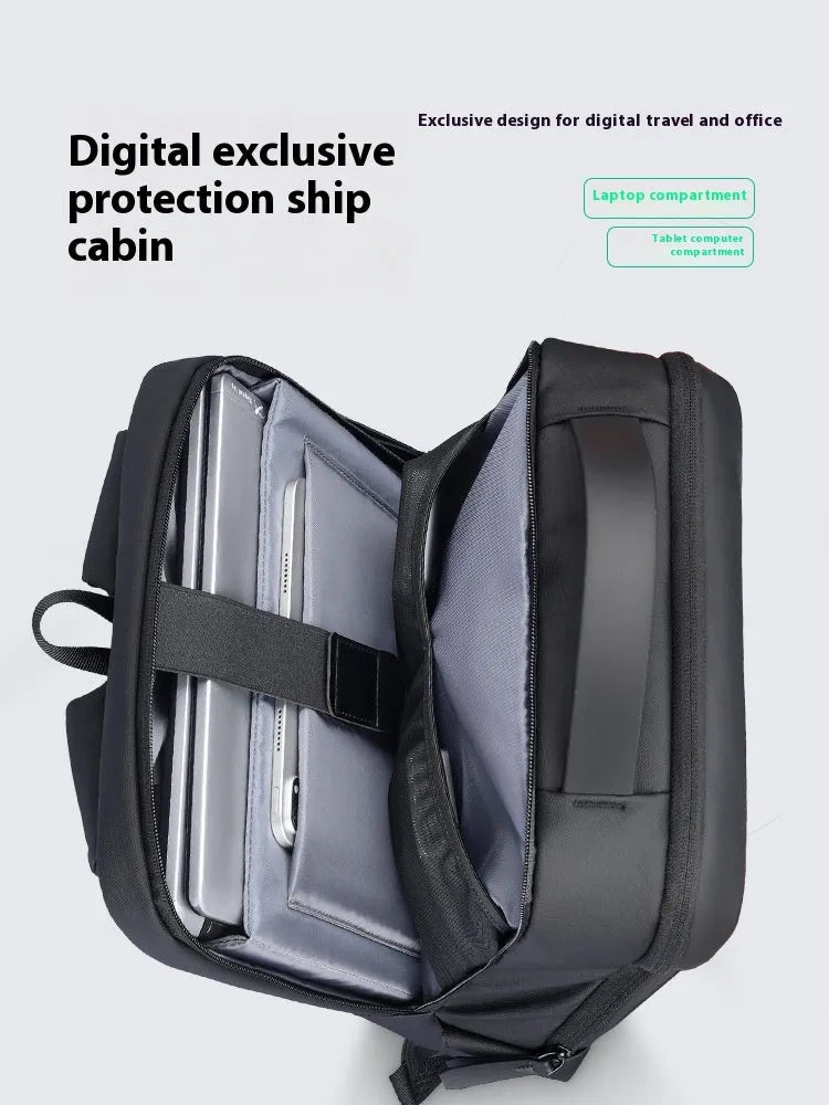 Graphite grey Oxford cloth USB business backpack with external charging port.
