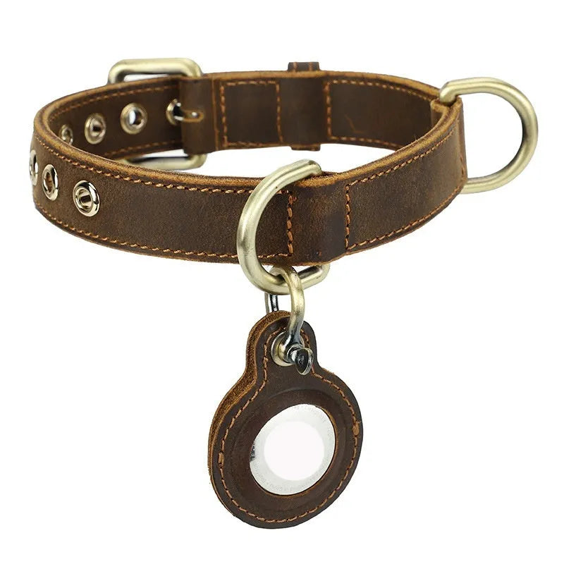 Brown handmade genuine leather dog collar with retro styling and halter positioning clasp