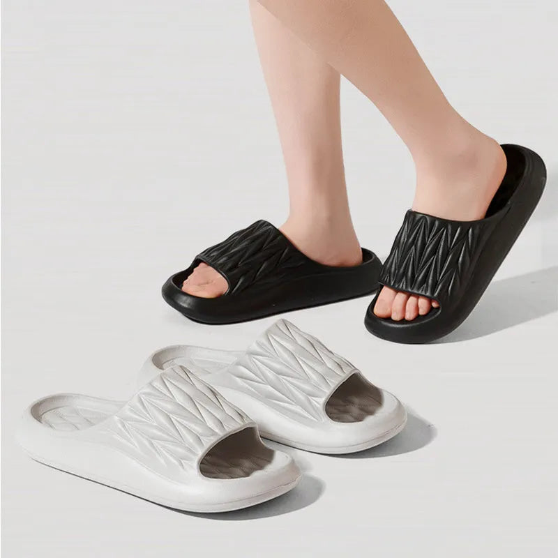 Leaf texture EVA household slippers in various colours showing breathable design for indoor use