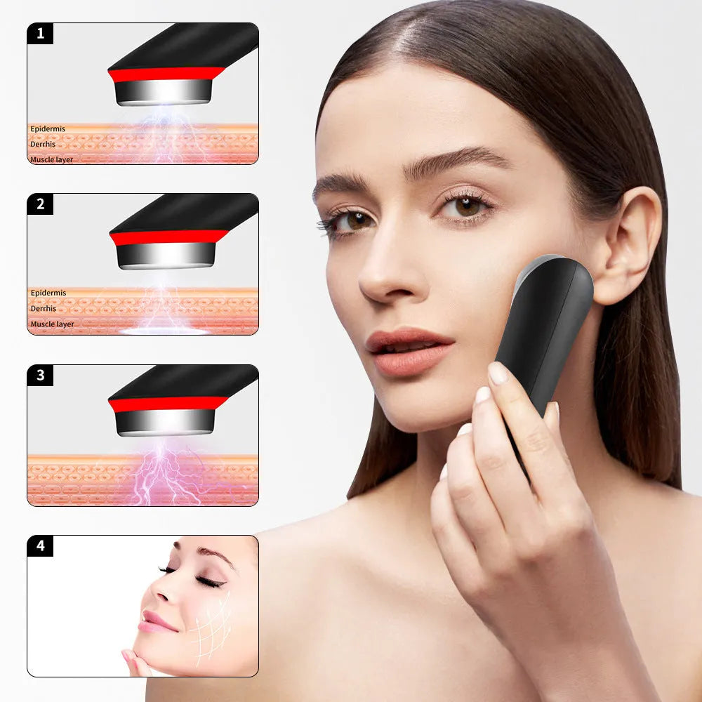 Black 7 colour light vibration face massage device with red blue LED therapy for eyes