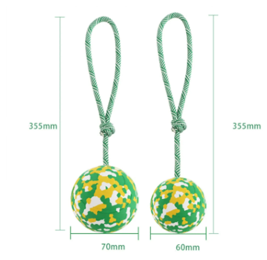 Natural rubber dog ball attached to bamboo fibre rope toy for medium small dogs interactive play