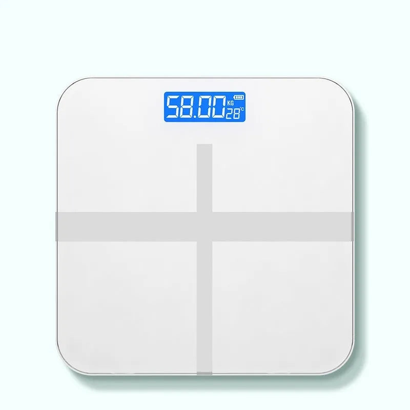 USB rechargeable electronic body weight scale in cross black, rose red, or white.