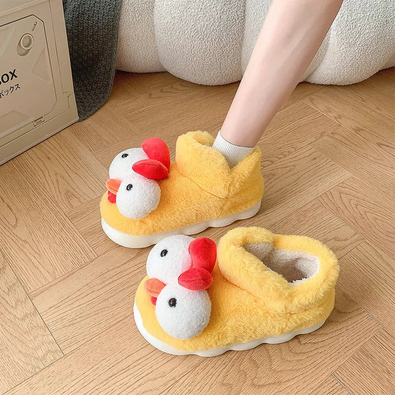 Unisex cute chick cotton slippers in yellow with artificial plush upper, indoor winter wear