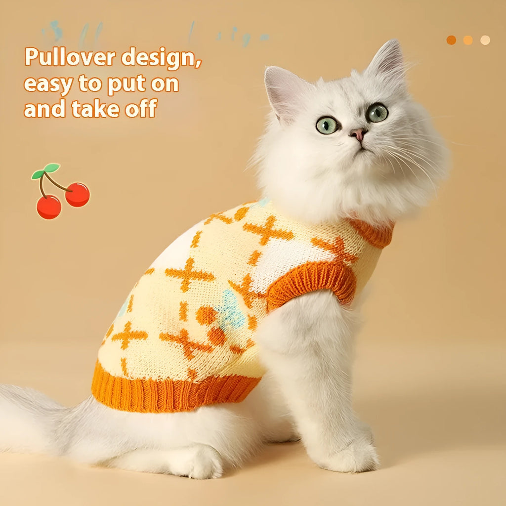 Orange cherry pattern cat sweater for autumn and winter wear with warm windproof design
