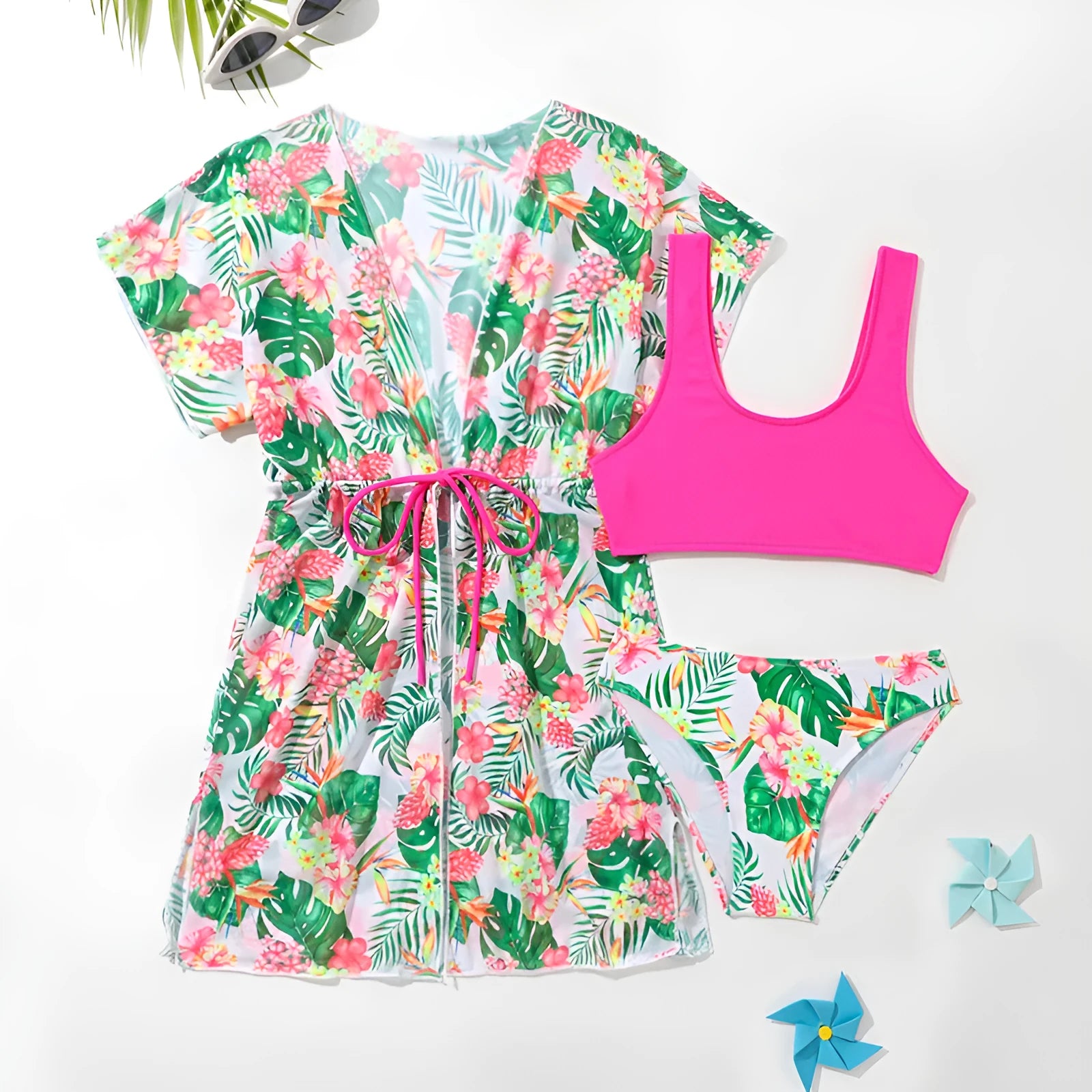 Girls' three-piece swimsuit set with floral pattern and overskirt for swimming activities