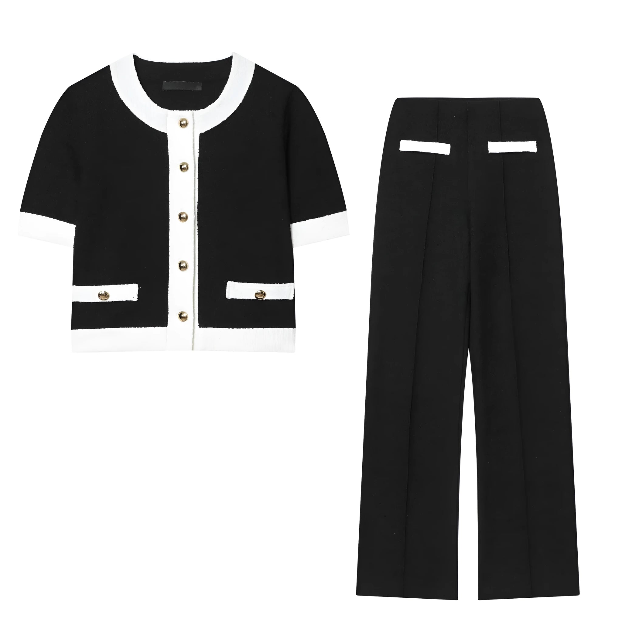 Women's casual suit set with a beaded leather round neck top and high-waisted trousers on a model.