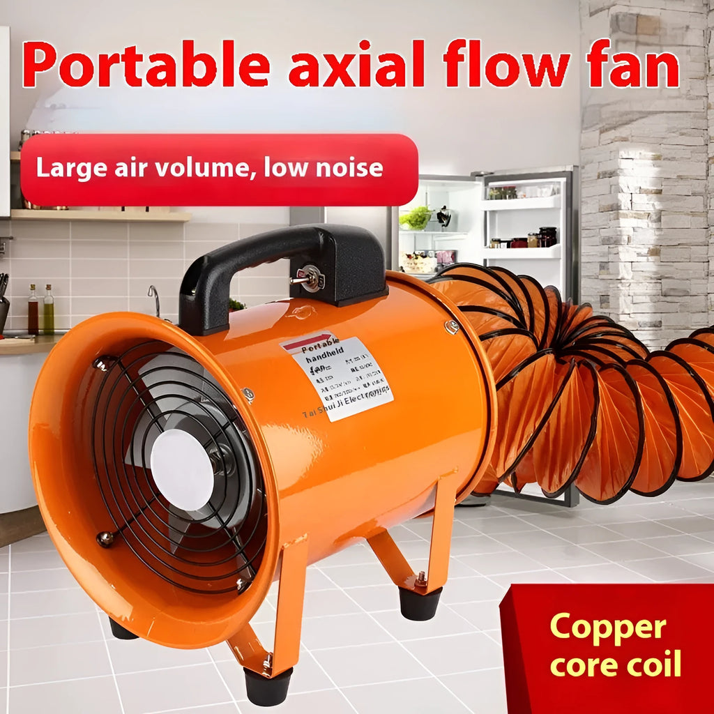 8 inch titanium steel axial flow industrial fan with a 5 metre flexible air duct attached.