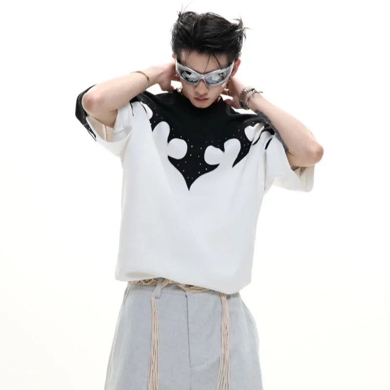 Men's grey loose fit cotton t-shirt with burnt flower stitching and rhinestone detail on the chest.