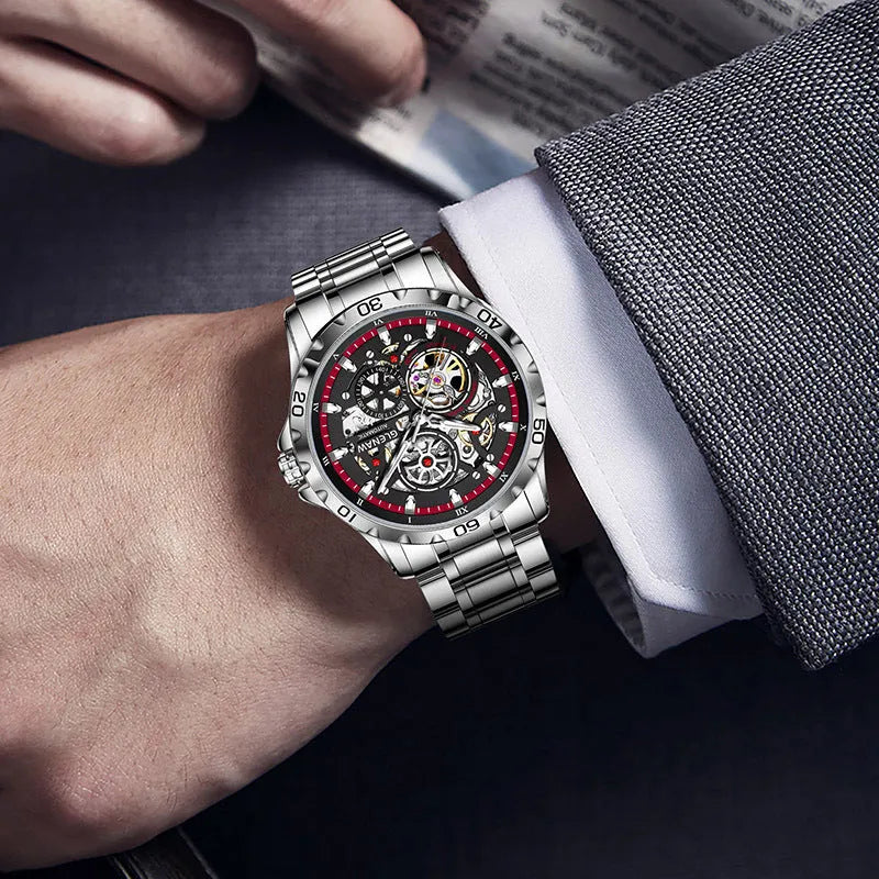 Men's silver automatic mechanical watch with hollow-out luminous dial and transparent case back