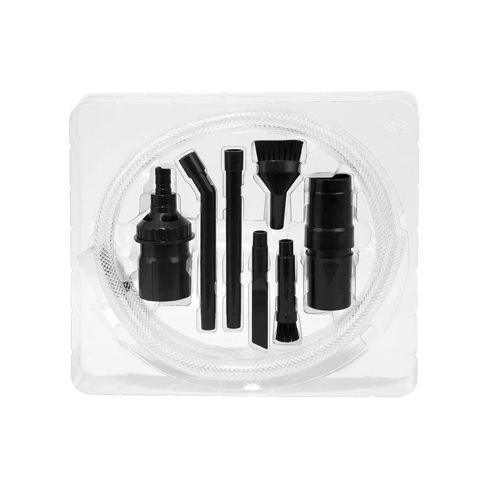 Eight-piece set of vacuum cleaner suction heads and nozzles for compact space cleaning.