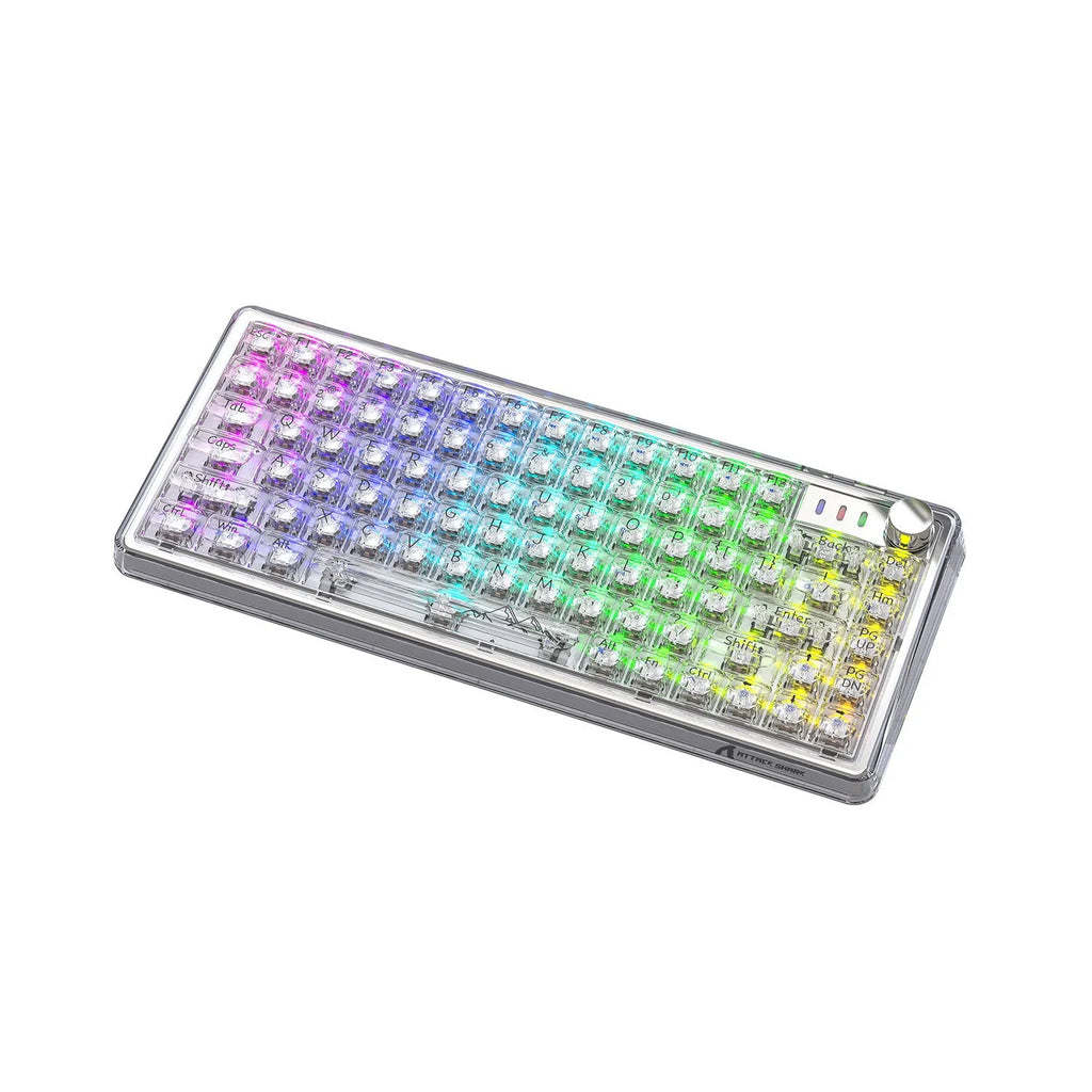 Attack Shark K75 wireless mechanical keyboard with transparent black case showing internal components and RGB lighting