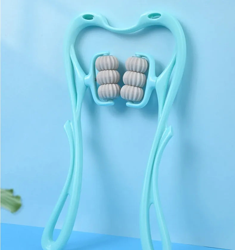 Pink and blue swan-shaped manual neck massager with six wheels and a white crystal jade scraping board.
