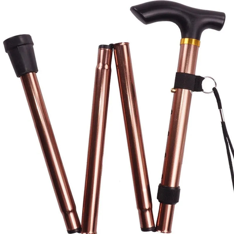 Aluminium alloy folding walking cane with non-slip handle, shown in an adjustable length from 85 to 95 cm.
