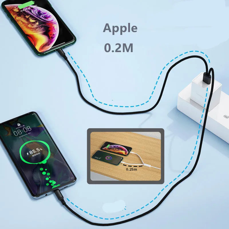 Black braided USB-C cable with two Android connectors for charging two devices simultaneously.