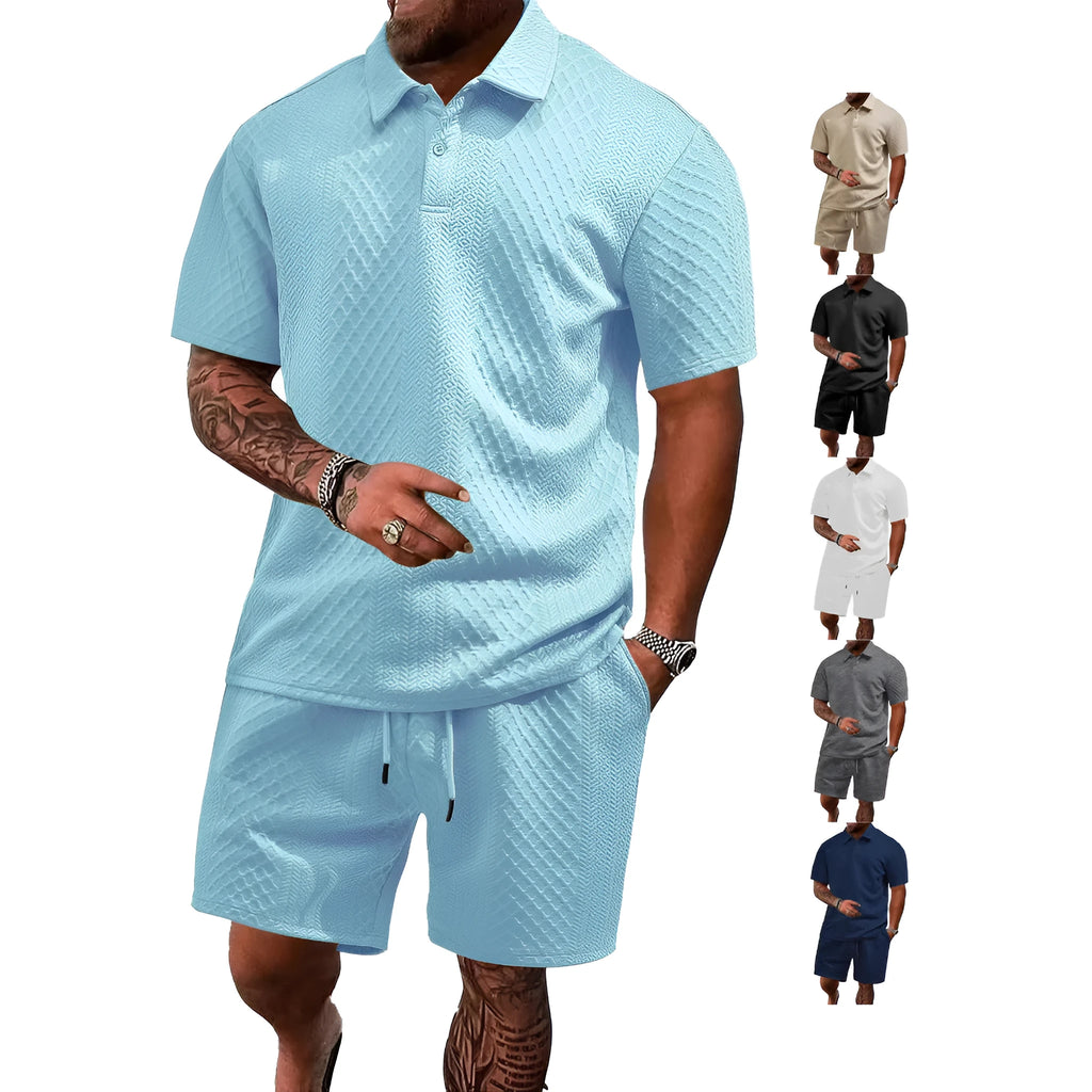 Men's casual suit set with short sleeve polo shirt and matching trousers in figured cloth polyester