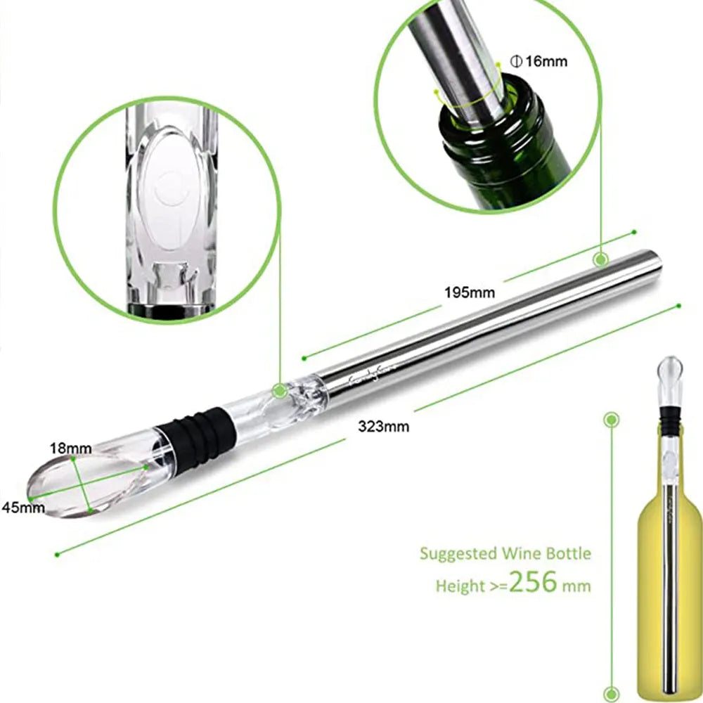 Stainless steel wine chilling rod with acrylic handle and integrated pourer, shown in silver finish.
