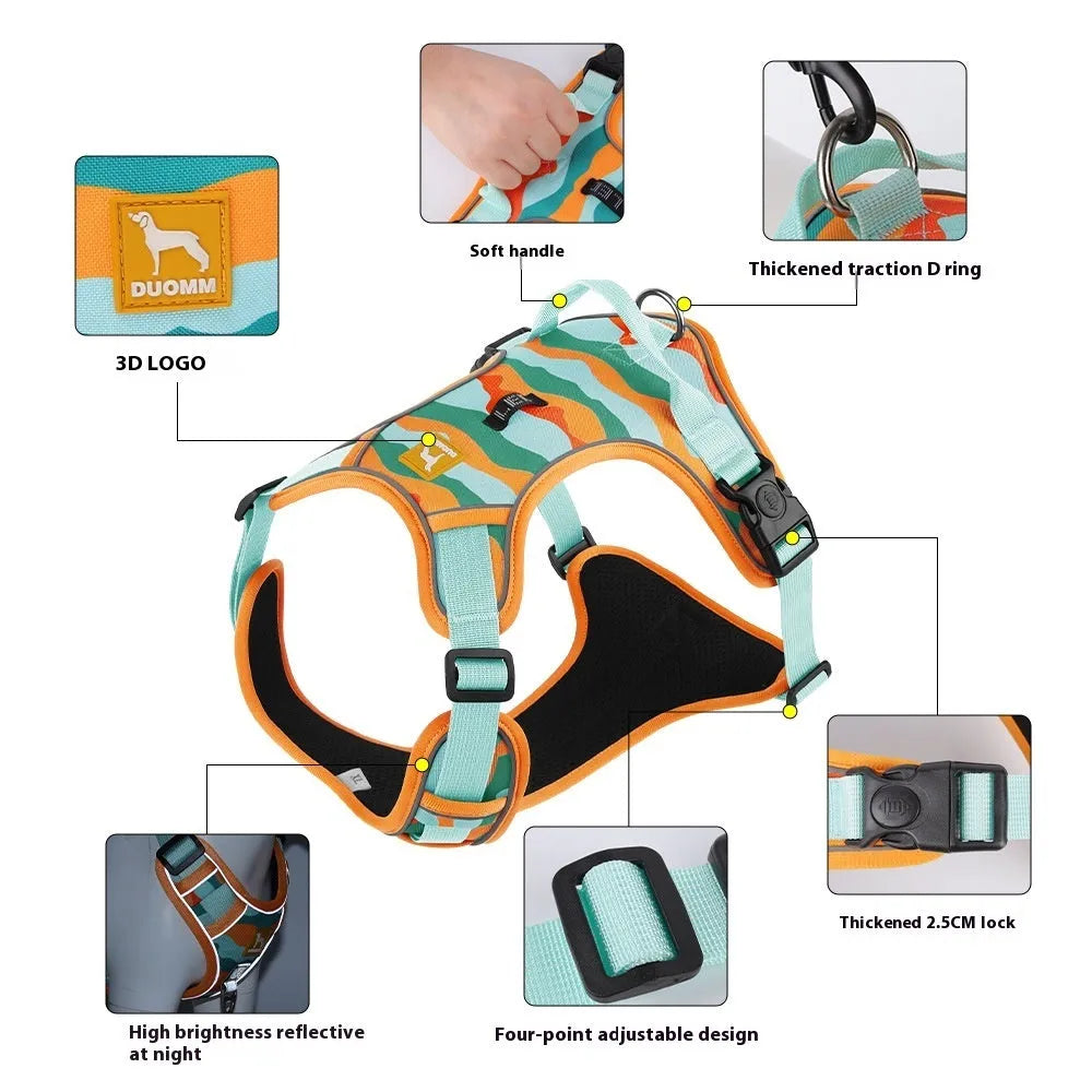 Orange dog harness with reflective strips and an integrated hand-holding rope on a dog's chest and back.