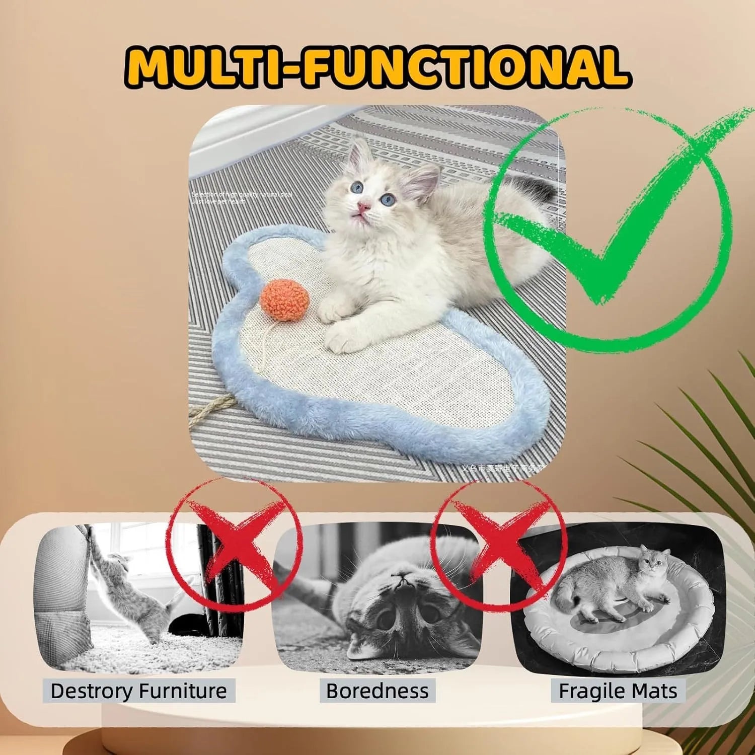 White cat scratching mat with natural sisal surface featuring sleeping cat cartoon design
