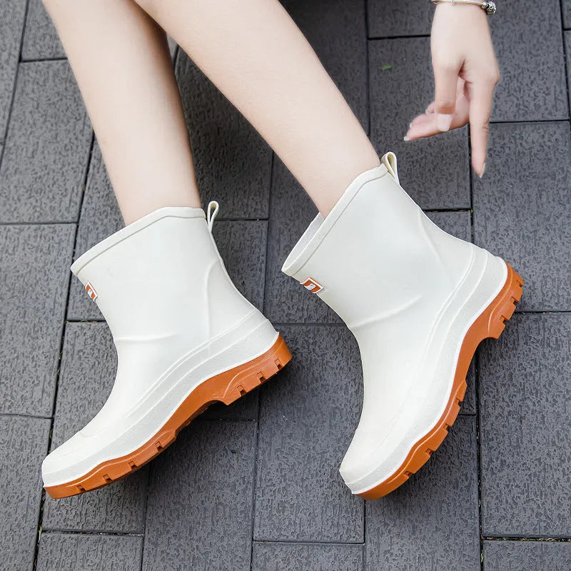 Women's short waterproof non-slip rubber shoes in white, black, and pink colours
