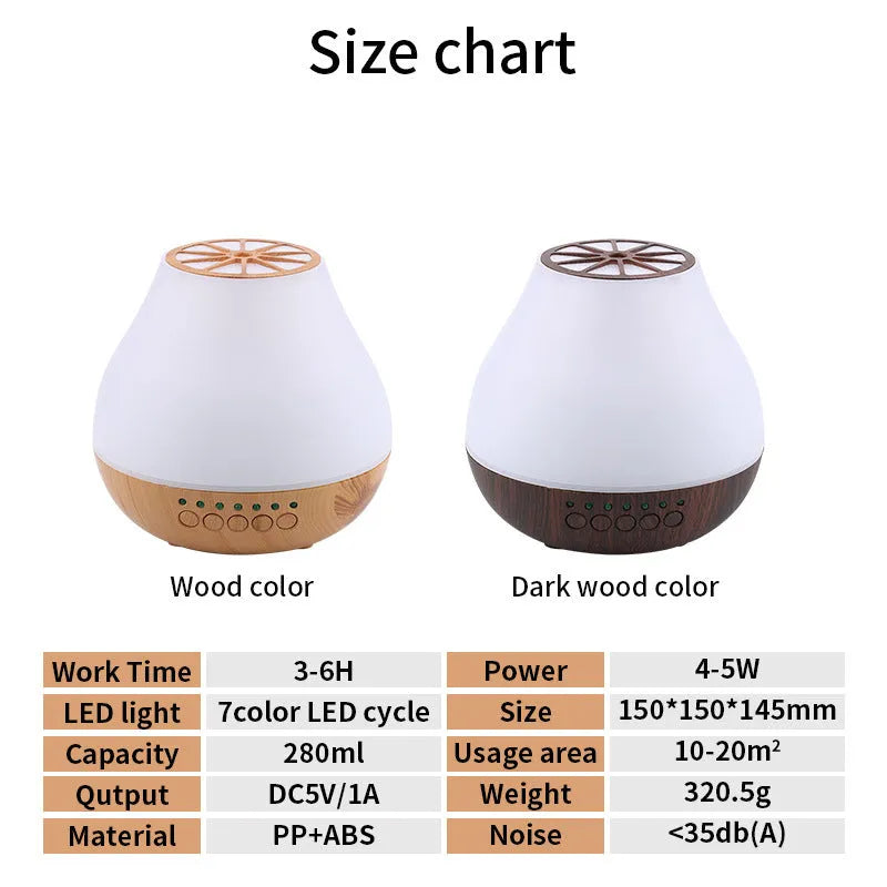 USB essential oil diffuser with wood grain finish and colourful LED mood lighting