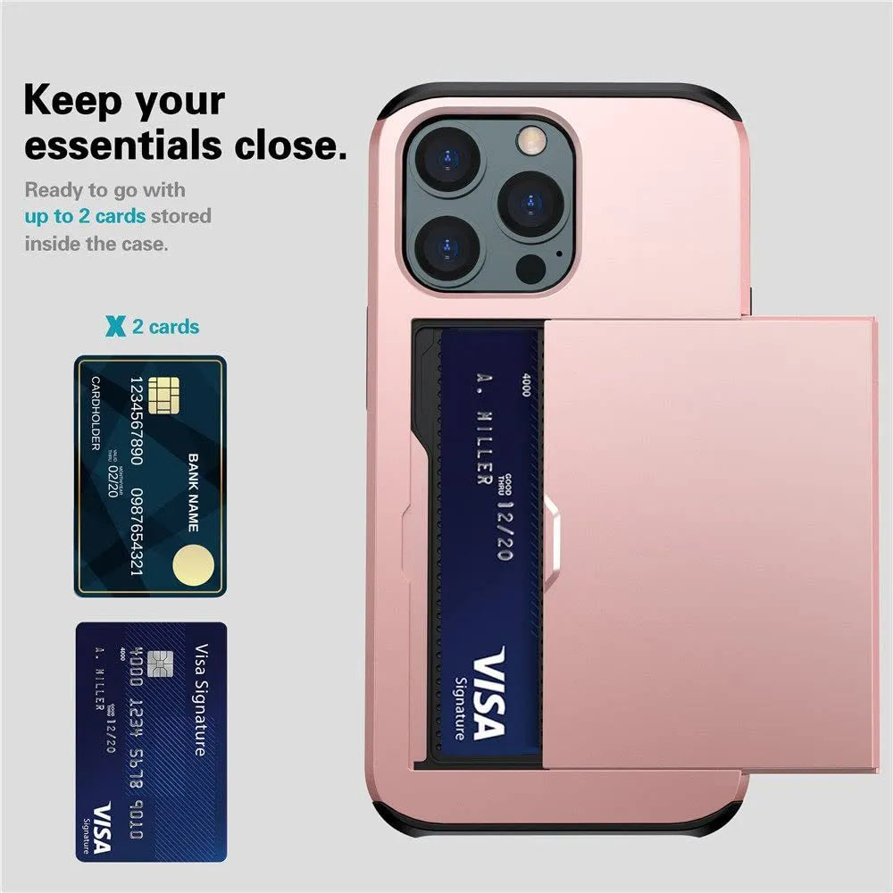 Matte mobile phone case with a sliding card cover open, shown in Army Green, compatible with iPhone 13 Pro.
